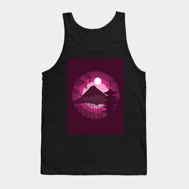 Pagoda Mount Fuji Silhouette Illustration Tank Top by Lookify